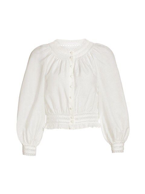 Cherelle Lace-Trim Cotton & Silk Button-Front Crop Blouse | Saks Fifth Avenue
