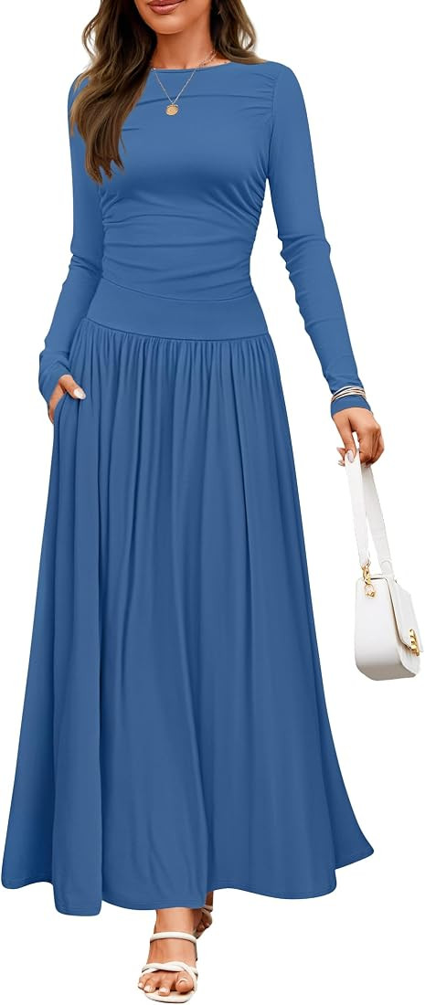 ZESICA Women's Long Sleeve Spring Maxi Dress 2025 Crewneck Knit Casual Slim Swing Pleated Dresses... | Amazon (US)