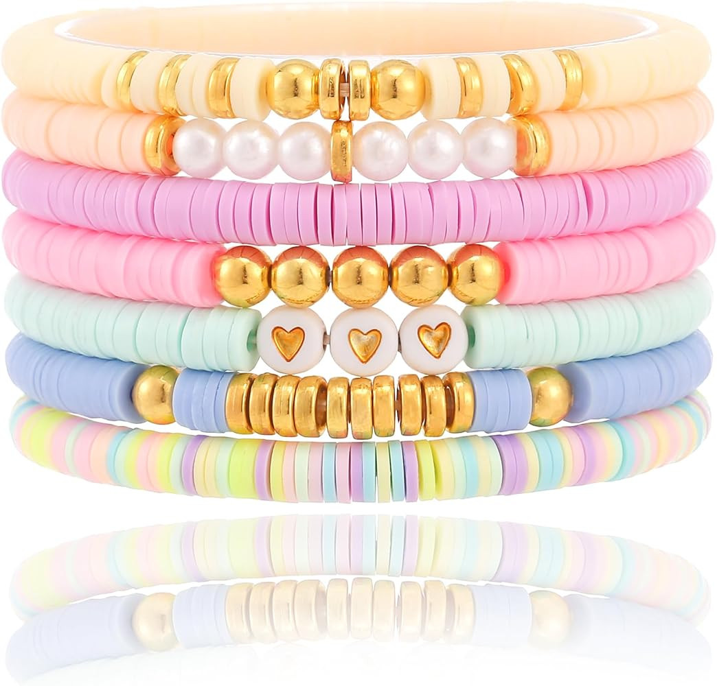 Friendship Bracelets Trendy Heishi Clay Bead Bracelets Stack Gold Beaded Stretch Bracelets for Wo... | Amazon (US)