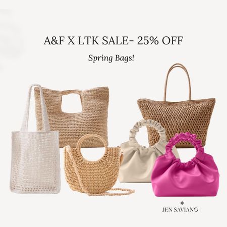 Spring bags 25% off at A&F! I’ve been eyeing that crochet tote beach bag for my summer travels 😏😍☀️

AFLTK, summer bags, tote bags, spring purse. 

#LTKtravel #LTKsalealert #LTKSale