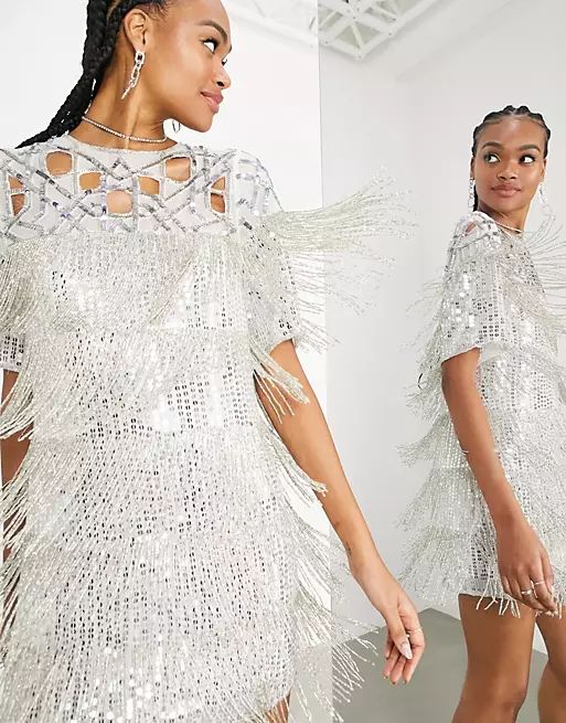 ASOS EDITION fringe mini sequin dress with cutwork in silver | ASOS (Global)