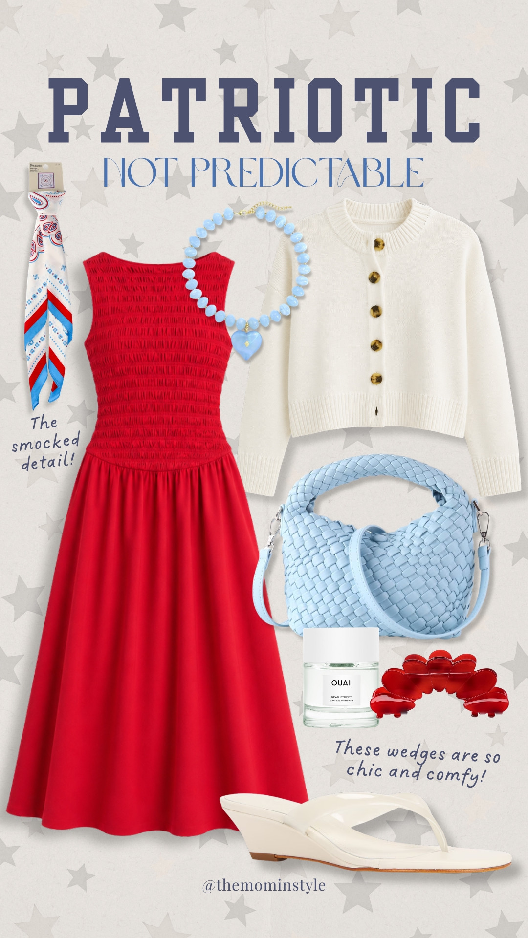 I love a classic red, white, and blue moment, but adding soft blue accessories and a chic cardigan keeps it feeling elevated and unexpected. This smocked red dress is such a flattering fit, and the wedges are comfortable enough to wear all day.

red dress, Fourth of July outfit, patriotic style, summer dress, holiday outfit, red white and blue, Americana style, smocked dress, summer fashion, wedge sandals, look for less, vacation outfit, themominstyle

#LTKootd #LTKSeasonal #LTKOver40