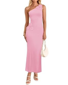 ZESICA Women's 2025 Summer One Shoulder Sleeveless Maxi Dress Casual Floral Ribbed Knit Backless Cocktail Party Long Dresses Pink Medium | Amazon (US)