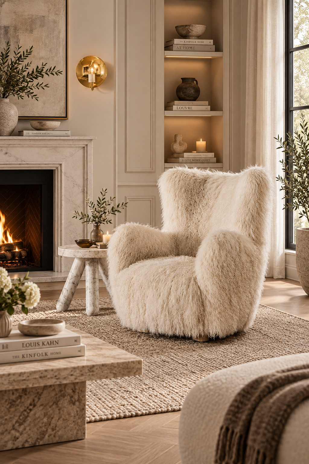 This fluffy ivory chair is giving the coziest fall reading corner. The oversized shape and shag texture make such a statement, especially next to warm wood, marble, candles, and soft neutral decor. Cozy but still very elevated.
#CozyChair #AccentChair #CB2Finds #FallLivingRoomDecor #ReadingNook #CozyHome #IvoryChair #ModernLuxury #HomeDecorIdeas #FallInterior 

 #LTKSeasonal #LTKHome #LTKSaleAlert