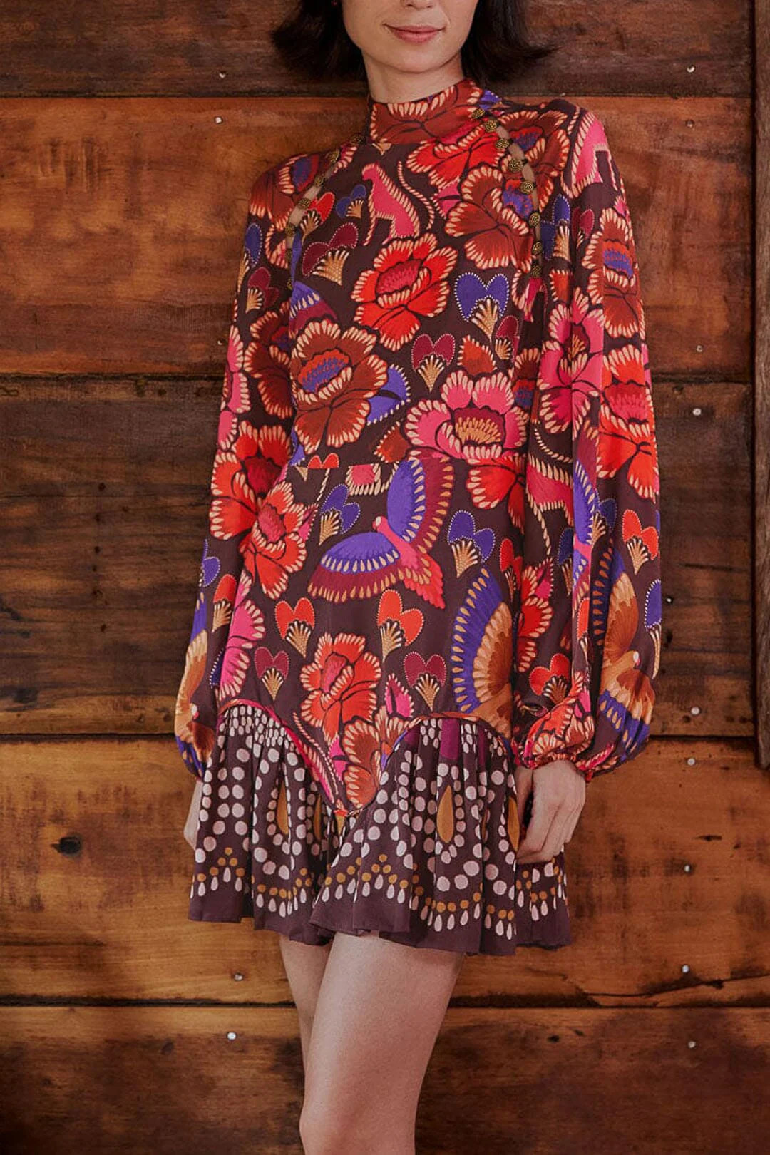 Brown Bright Flora Long Sleeve Mini Dress | FarmRio (US)