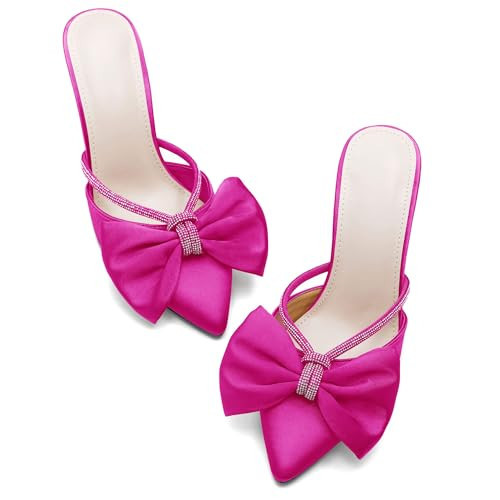 Coutgo Womens Bow Heels Mules Pointed Closed Toe Sandals Rhinestone Satin Backless Wedding Shoes, Rose Red, Size 7.5 | Amazon (US)