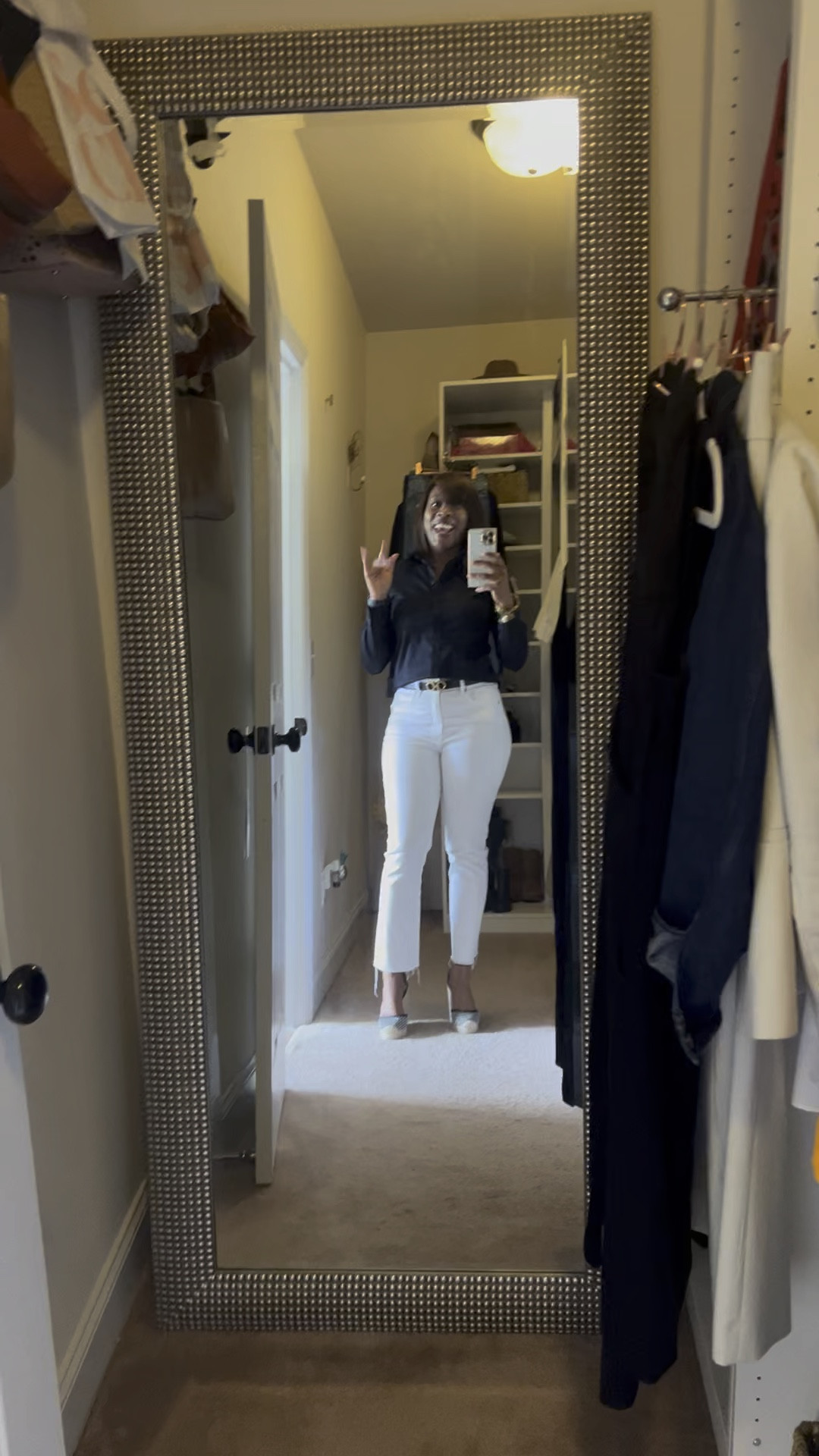 Black and white casual look. Black button up with white jeans by Veronica Beard! These are a great pair of jeans for women with curves. They are thick, but not too thick. High rise with a kick flare hem. Very flattering on hourglass shape. 

#LTKmidsize #LTKover40