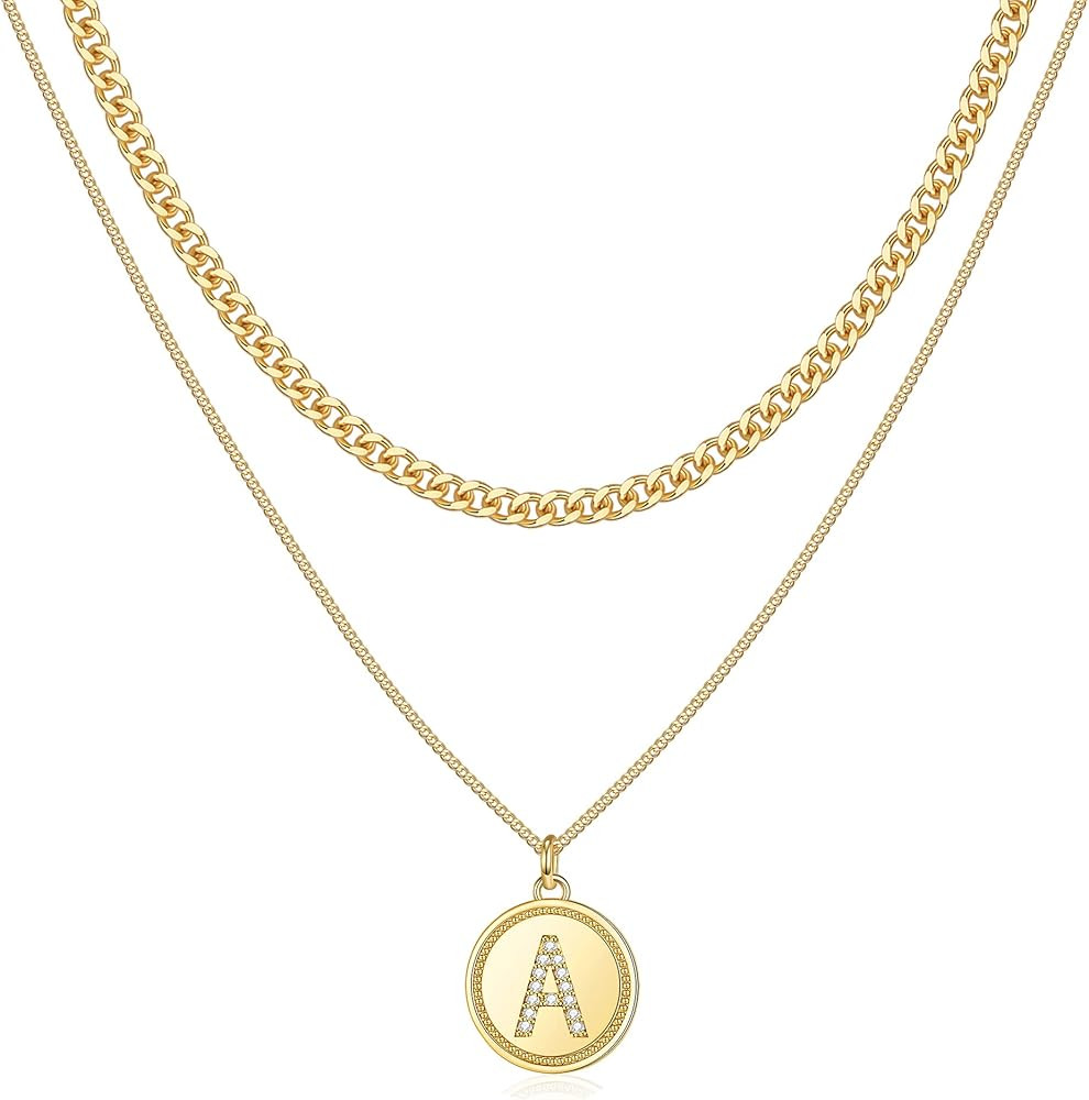 Gold Initial Necklaces for Women, 14K Gold Plated Gold Letter Cuban Chain Necklaces for Women CZ Dis | Amazon (US)