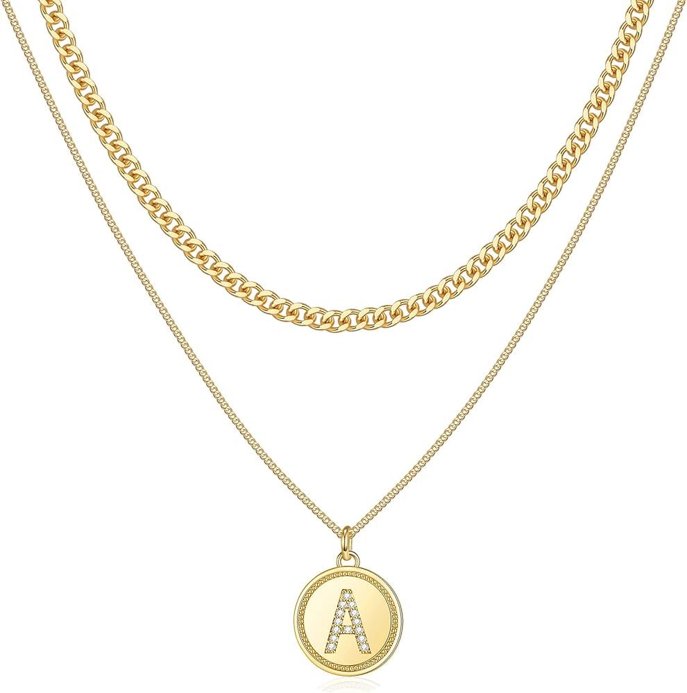 Gold Initial Necklaces for Women, 14K Gold Plated Gold Letter Cuban Chain Necklaces for Women CZ Dis | Amazon (US)