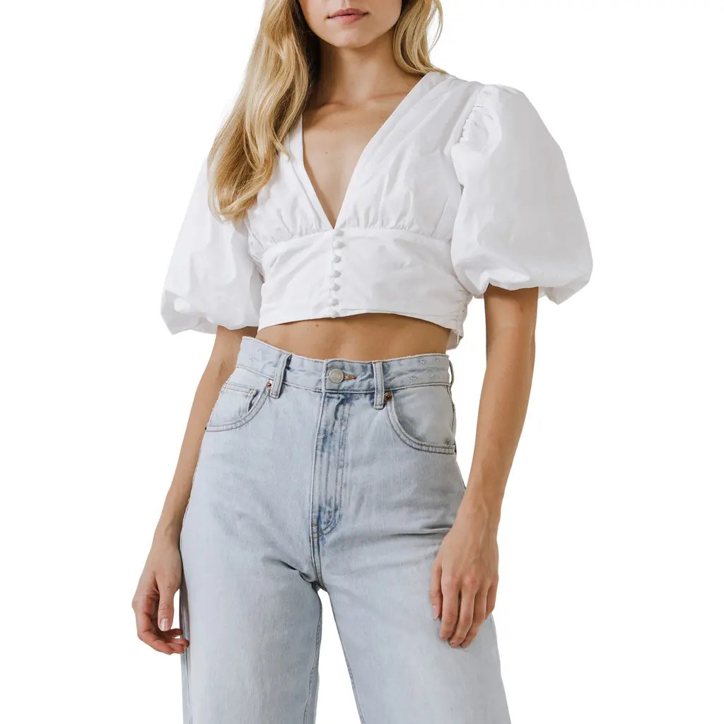Endless Rose Puff Sleeve Corset Crop Top in White at Nordstrom, Size Small | Nordstrom