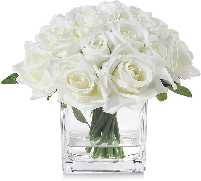 18 Heads Faux Rose Flowers in Vase, Fake Rose Flowers Arrangement in Vase with Fake Water for Din... | Amazon (US)