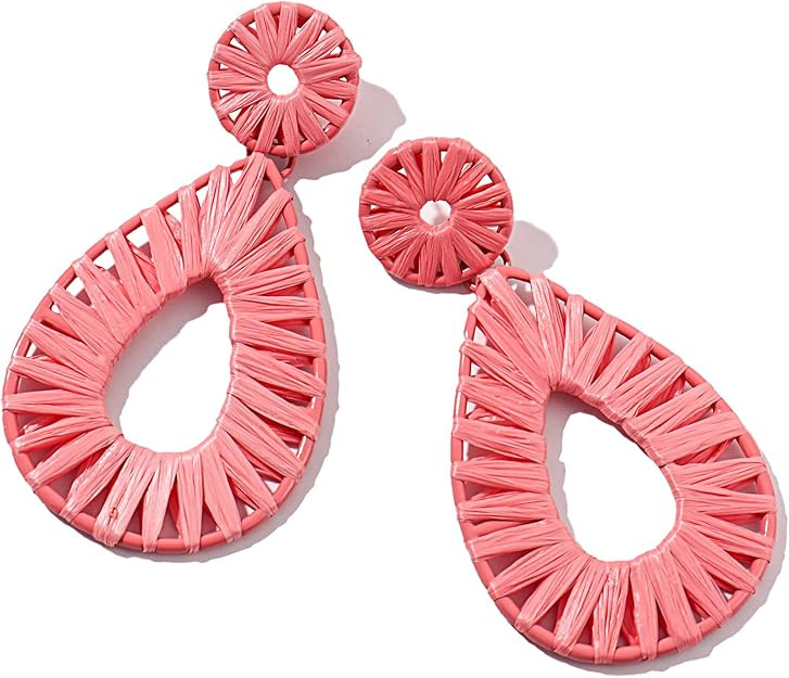 Boho Raffia Earrings Statement Teardrop Earrings Drop Dangle Bohemian Earrings for Women Cute Han... | Amazon (US)