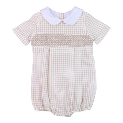 Khaki Windowpane Smocked Bubble | Cecil and Lou