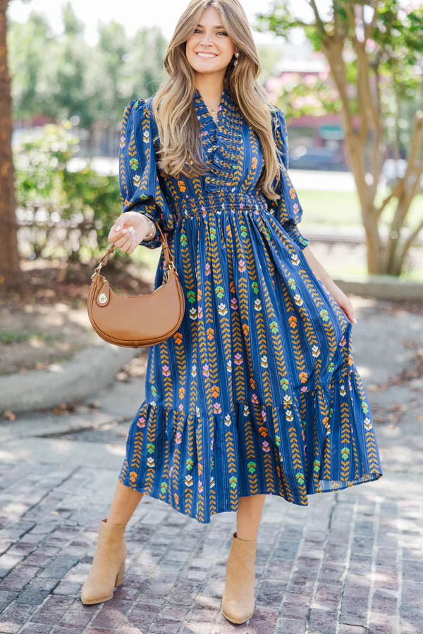 Petals In The Wind Navy Floral Striped Midi Dress | The Mint Julep Boutique