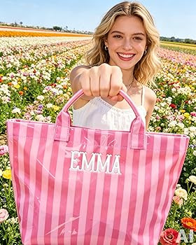 Personalized Embroidered Beach Bag for Women, Rainbow Striped Tote | Amazon (US)
