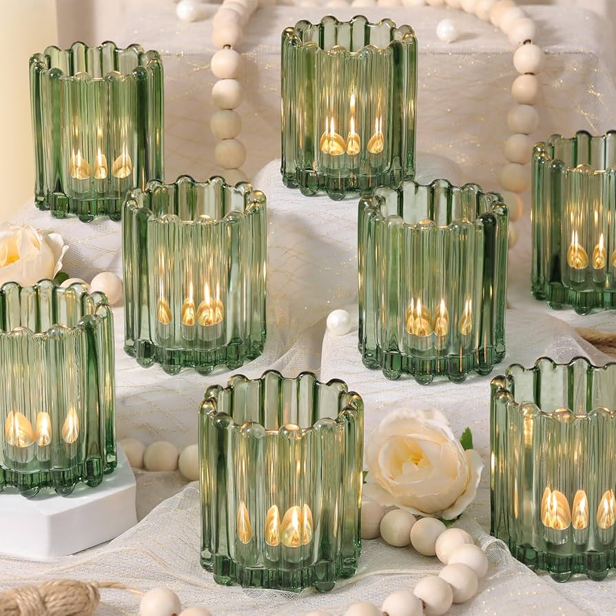 HAVITI Glass Green Votive Candle Holder, Ribbed Votive Candle Holders Set of 12, Tealight Candle ... | Amazon (US)