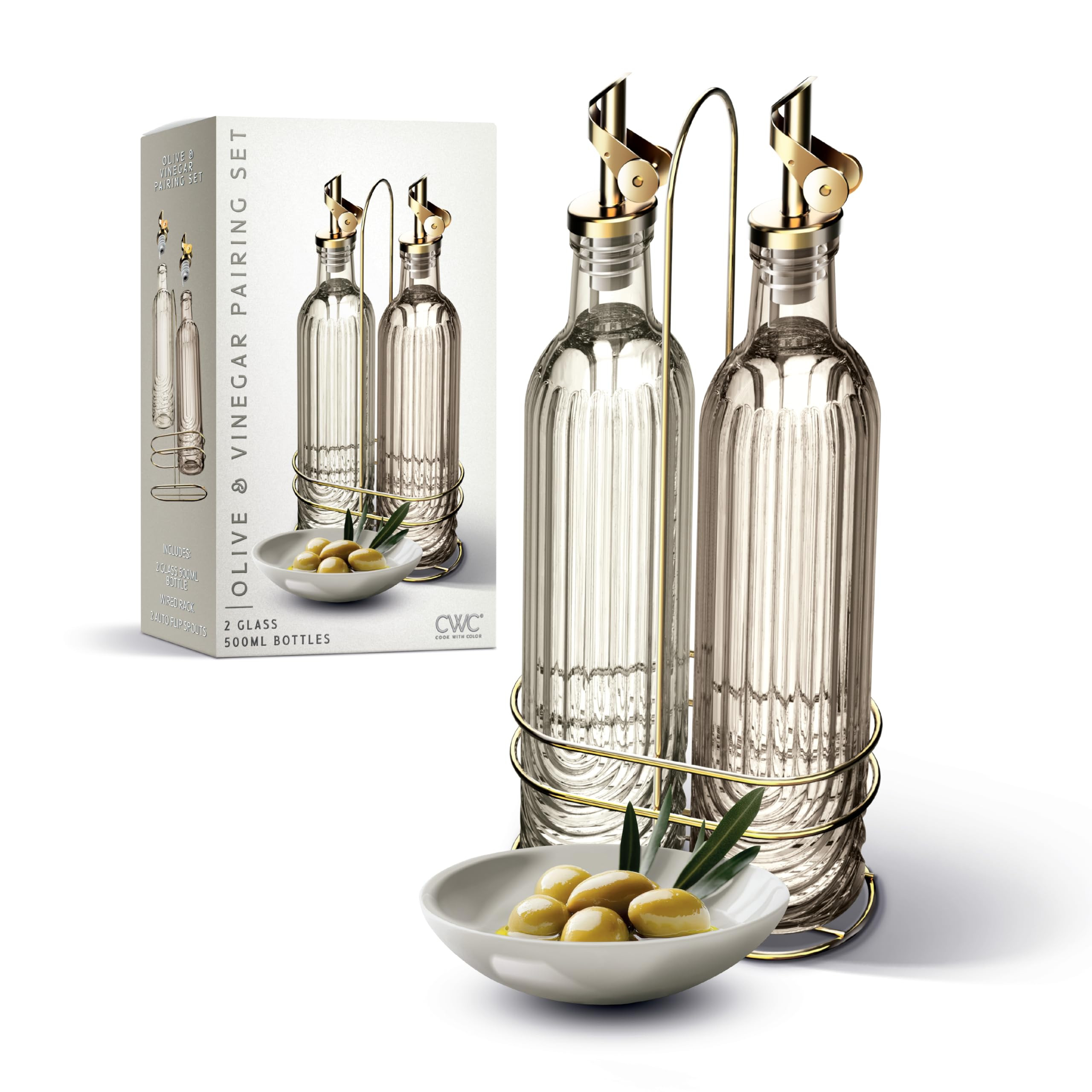 Amazon.com: COOK WITH COLOR Glass Olive Oil Bottle Dispenser - 2 Pack- 17oz Oil and Vinegar Cruet - Olive Oil Carafe Decanter for Kitchen, Elegant Fluted, Brown: Home & Kitchen | Amazon (US)