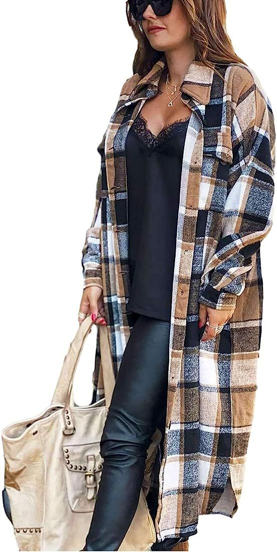 Omoone Women's Lounge Lapel Button Up Long Sleeve Plaid Long Shirt Jacket Shacket(O1766-Brown-XS)... | Amazon (US)