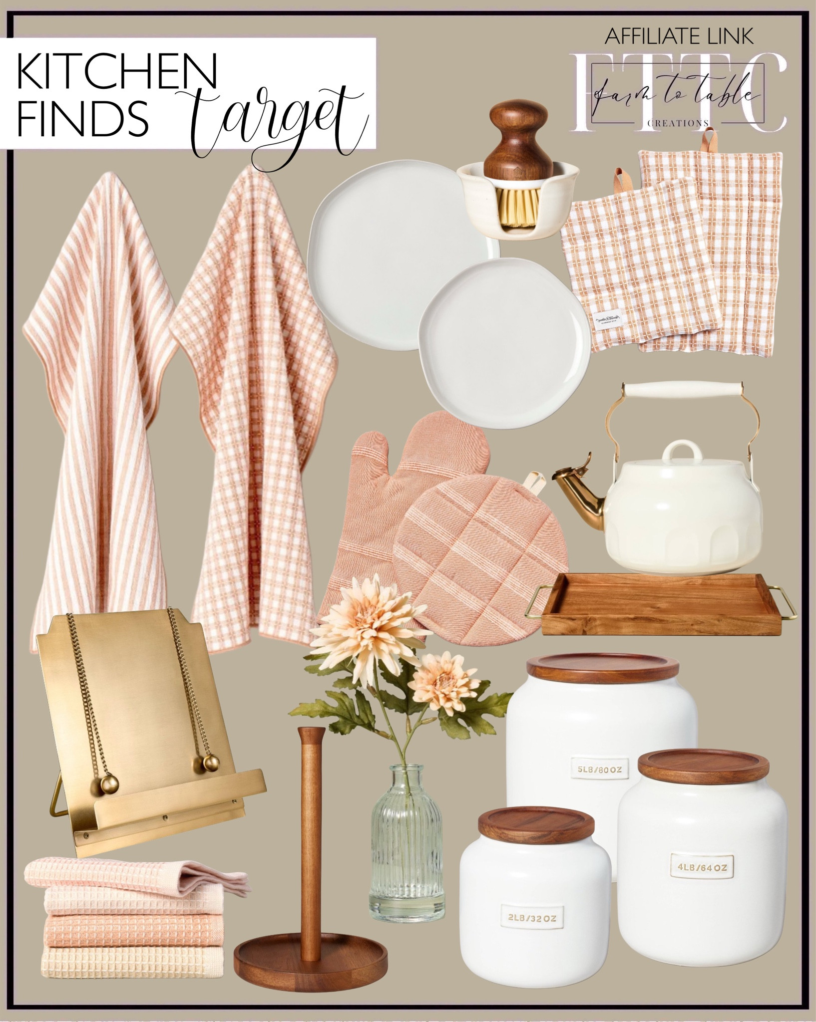 Target Kitchen Finds. Follow @farmtotablecreations on Instagram for more inspiration.

Gingham Potholders. Oven mitt set. Waffle Dishcloths. Gingham kitchen towels. Brass cookbook holder. Wooden tray with brass handles. Daisy flower arrangement. Tinted Glass Storage Jar with Lid. Stoneware canister. Wooden paper towel holder. Sink caddy and nylon scrub brush. Stoneware dinner plate. Arch Cutout Teapot. 

Bedroom Finds | Living Room | Bedroom Furniture | nightstands | Home Decor| Fireplace Decor | Spring Refresh |  Bedroom Finds | Neutral Stems | Spring Stems | Bookshelf Decor | Bedroom Space | Cozy Corner | Bathroom | Curated Entryway | Spring  Decor | End of Year Clearance | Trending Decor | Viral Decor | Amazon Holiday | Bedroom corner | Coffee Table Decor | Neutral Decor | Fall Stem Sale | Target Finds | Skinny Bench | Bedroom | Living Room | Breakfast Nook | Amazon Home | Target Sale | Loloi Rugs | Magnolia Home | console table | console table styling | faux stems | entryway space | front porch decor | neutral decor | entryway decor | cozy home | affordable decor |  home decor | home inspiration | console styling | entryway rug | cozy moody home | moody home decor | neutral home | bathroom decor | living room | spring decor | Hearth & Hand | Studio McGee




#LTKStyleTip #LTKHome #LTKFindsUnder50