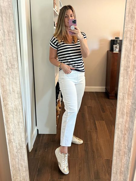 After ordering every pair of white jeans I could get my hands on I walked away with two winners — here’s one of them!

Achieve nautical vibes with a blue and white striped tee and finish with a white fashion sneaker. Love the gold detailing on these. 

Tee runs TTS. Wearing a small.
Jeans run TTS. Wearing a 28.
Sneakers run TTS. Wearing a 10.

#LTKSeasonal
