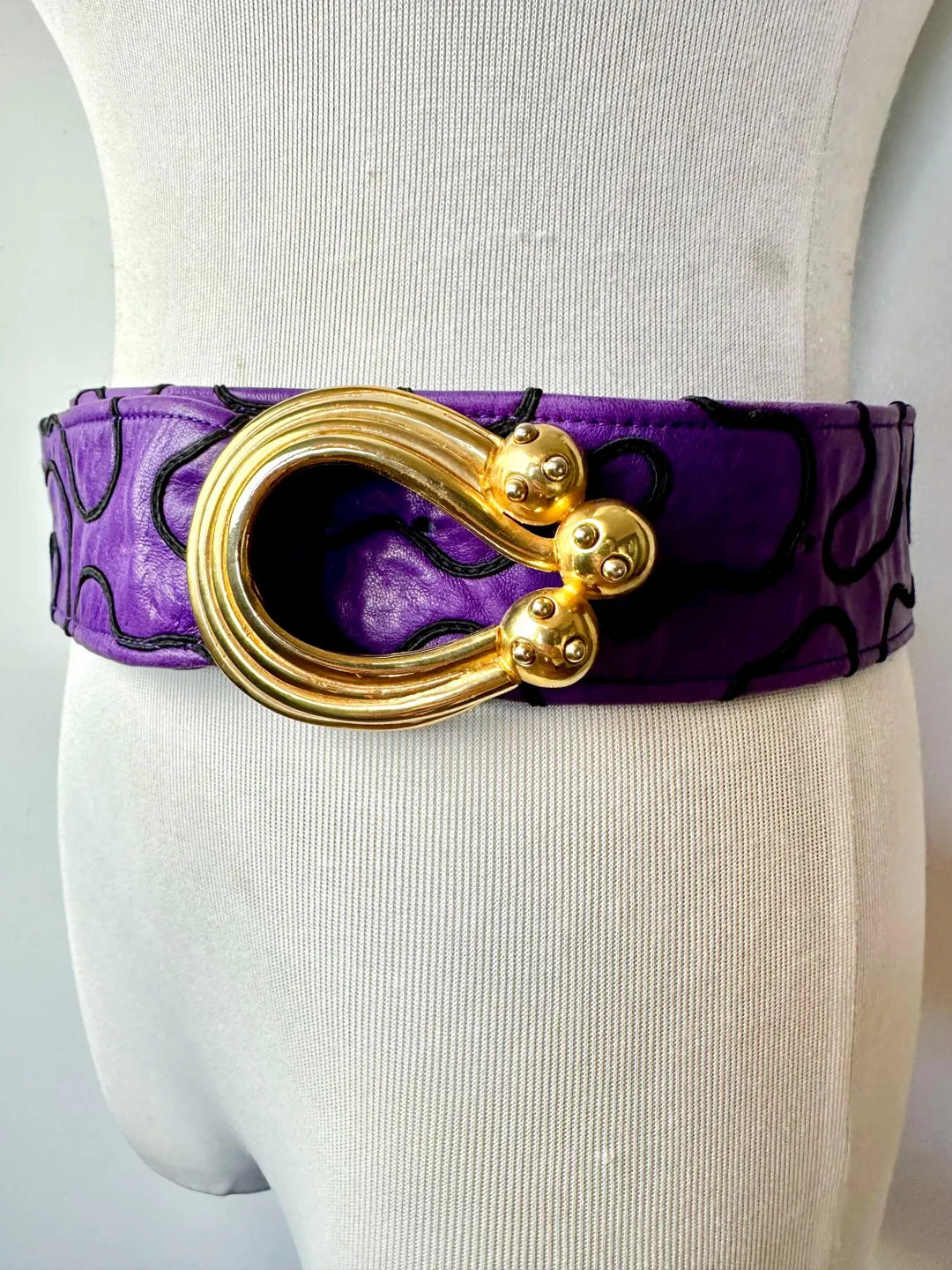 Vintage 80s Purple Leather Belt: Wide Glam Rock Gold Buckle (Size 25-34) | Etsy (US)