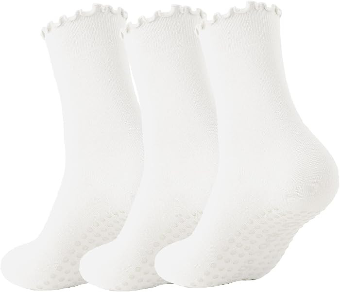 3 Pairs Pilates Socks with Grips Non-slip Ruffle Yoga Sock Grip Sock for Women | Amazon (US)