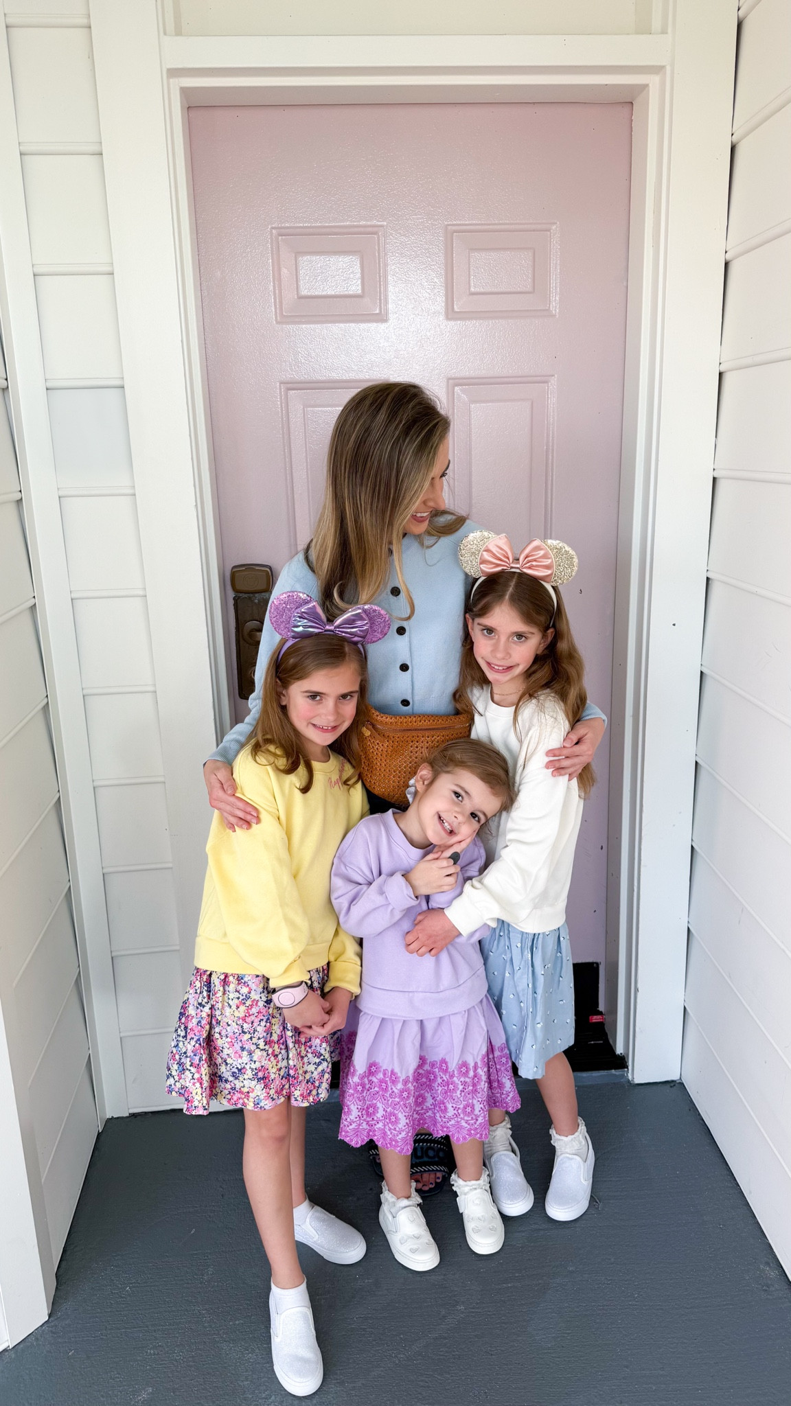 Heading to Disney Springs on night one! Then off to get a good night’s sleep because someone’s turning 4 tomorrow and we have a big day of celebrating ahead of us!

Sweater - XS
Jeans - 24
Bag - one size fits all 😏

Girls are in their normal sizes but the dresses run a little big! Shoes true to size!