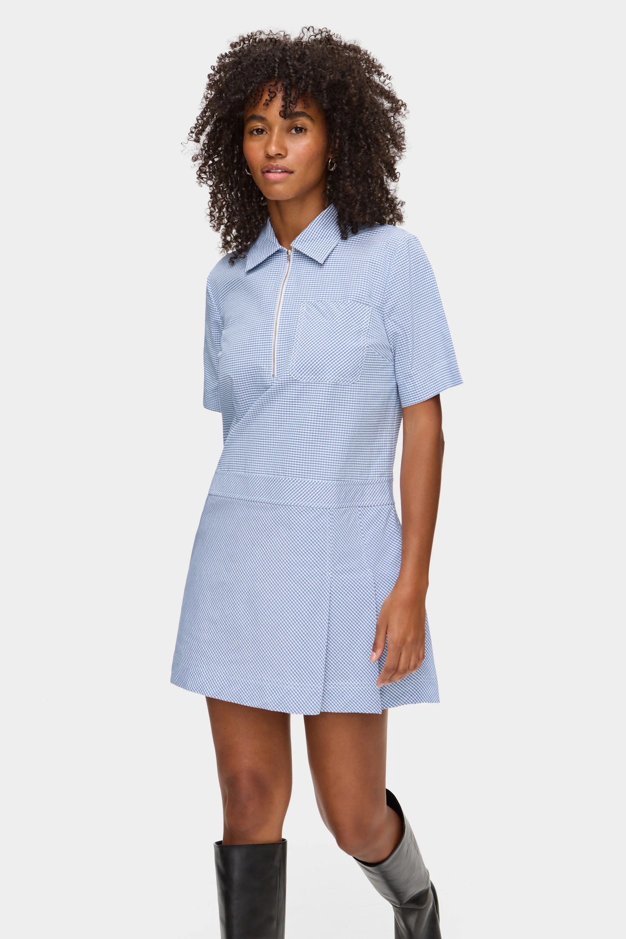ALIGNE Checked Pleated Mini Dress - Blue Check | Yolanda | ALIGNE UK & EU