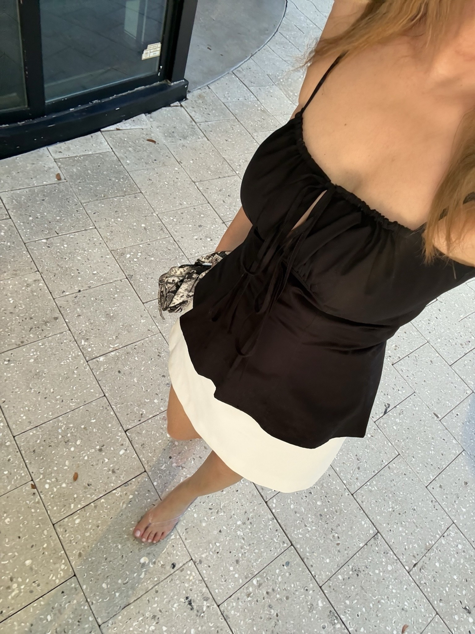 Spaghetti strap poplin peplum corset cami w off-white mini skort + clear jelly kitten heel flip flop thong sandals. Summer outfit

#LTKSeasonal #LTKSaleAlert #LTKootd