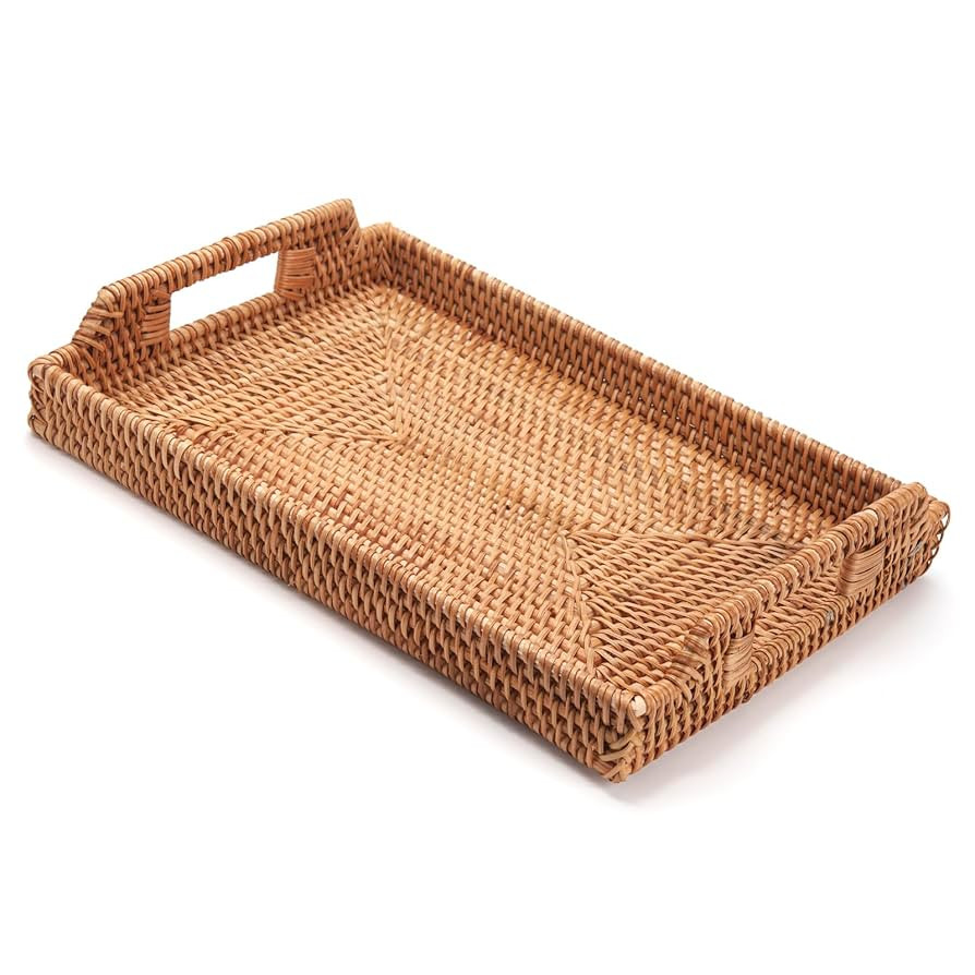 Rattan Serving Tray, Hand Woven Tray with Handles, Rectangular Wicker Basket Tray for Coffee Tabl... | Amazon (US)
