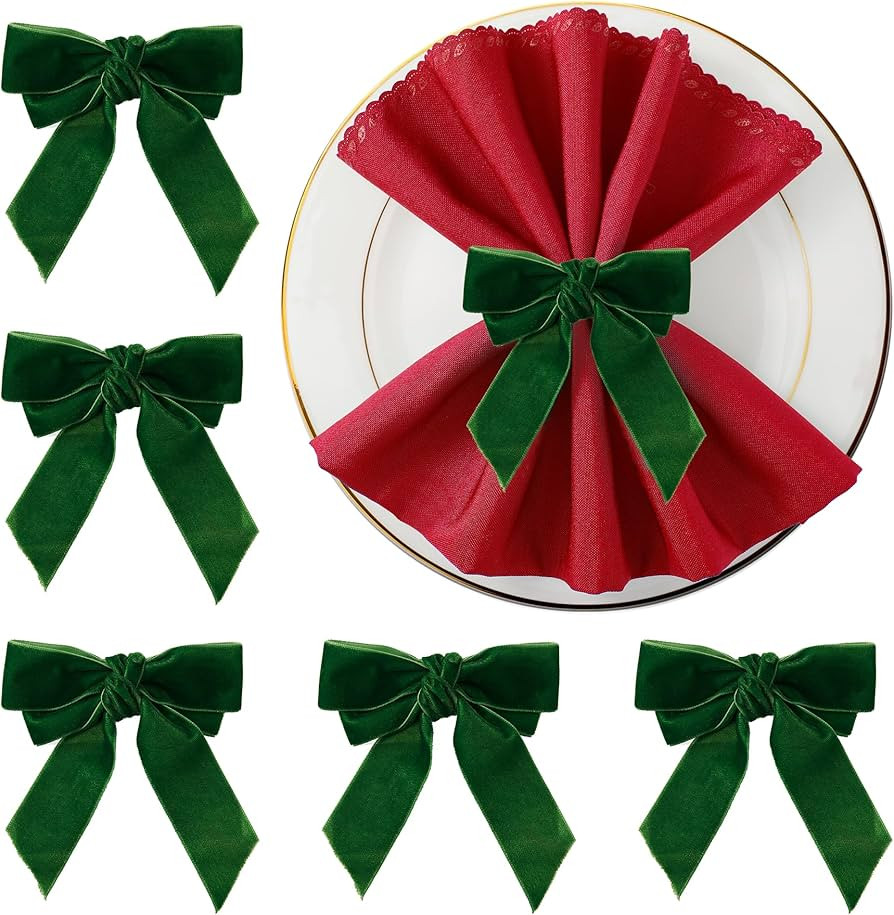 APTWOW Christmas Napkin Rings Set of 6 - Green Bow Velvet Napkin Holders, Chic Xmas Holiday Napki... | Amazon (US)