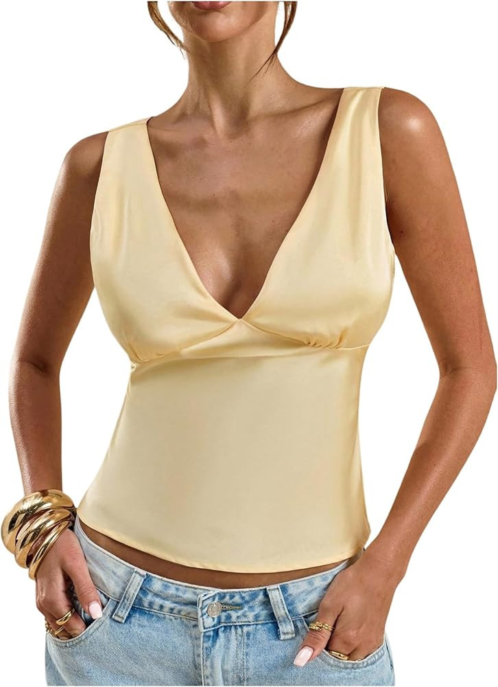SOLY HUX Women's Satin Tank Tops V Neck Sleeveless Tie Back Silk Summer Going Out Top | Amazon (US)