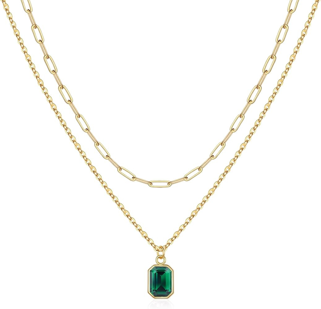 Layered Birthstone Necklace for Women Girls, Gold Silver Rose Gold Plated Layered Paperclip Chain... | Amazon (US)