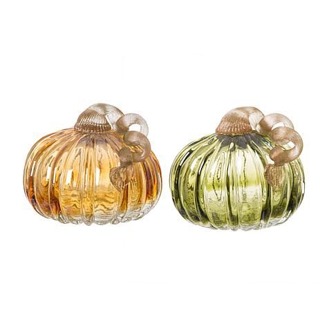 Glitzhome Set of 2 Green and Amber Crackle Glass Short Pumpkin - 20648882 | HSN | HSN