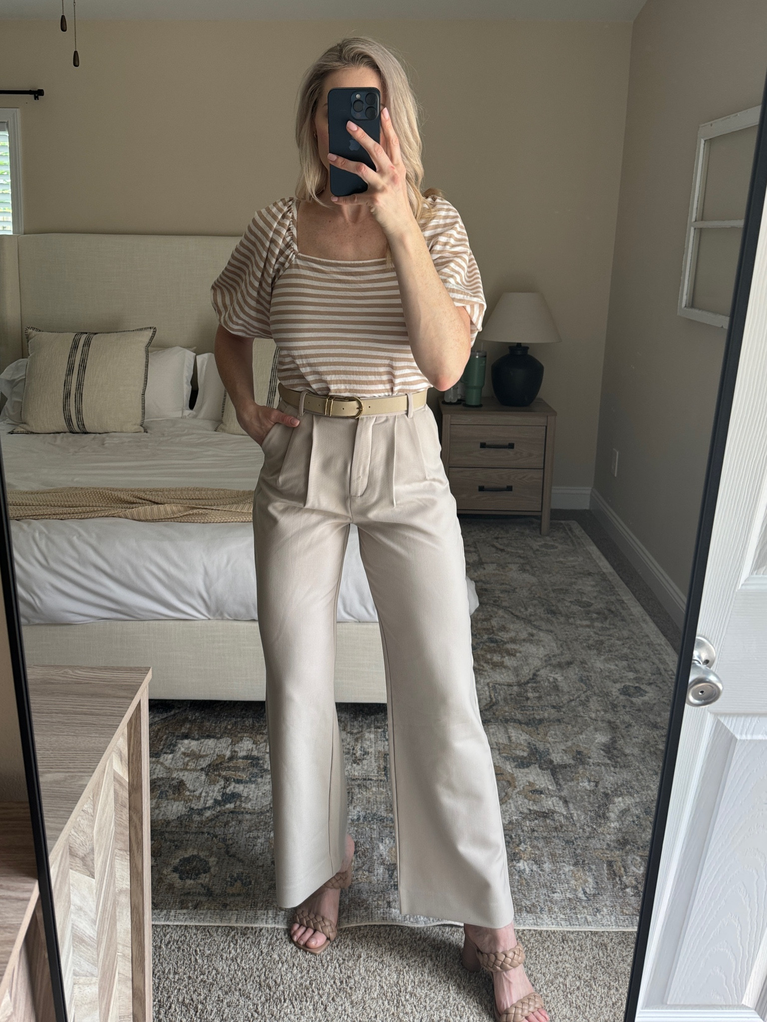 Tan and white striped top, trouser pants, belt and heels 