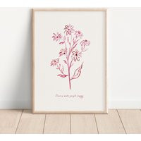 Pink Floral Art Print Minimalist Line Drawing, Botanical Wall Decor | Etsy (US)