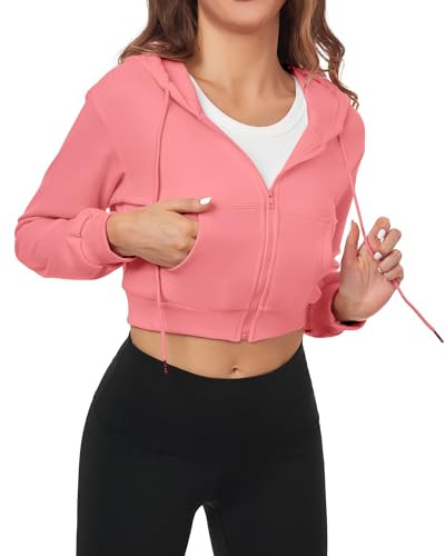 FKEEP Cropped Zip Up Hoodie Women Jacket Top Sweatshirt Casual Basic Gym Workout Sport Pink a | Amazon (US)