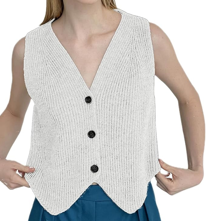 Womens Vintage Knittd Tank Y2k Vest Crop Top Sleeveless V-Neck Open Front Button Crochet Knit Ves... | Amazon (US)