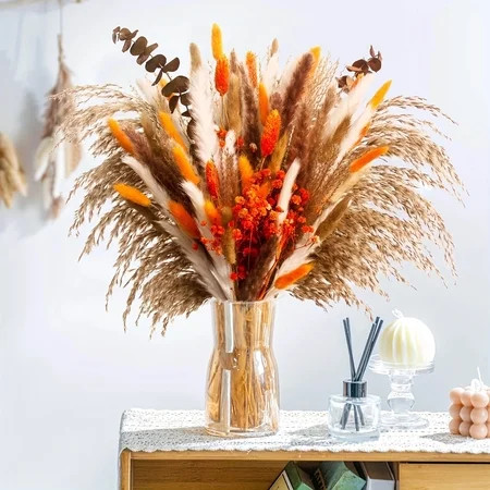 100pcs Fall Home Decor Orange Pampas Grass Decor Autumn Dried Flowers Decorations Fluffy Boho Gold Bouquet Wedding Table Centerpieces Rustic Farmhouse Floral Yellow Boho Decor Indoor Outdoor | Walmart (US)