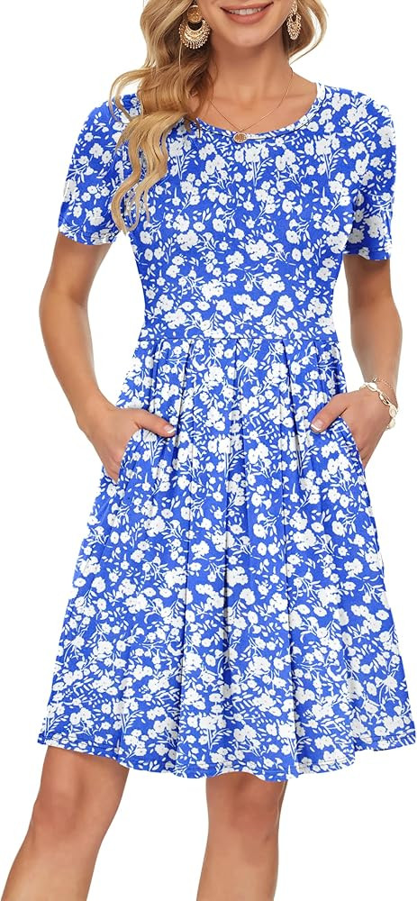 AUSELILY Women's Short Sleeve Summer Dress Pleated Loose Swing Knee Length Dresses with Pockets 2... | Amazon (US)
