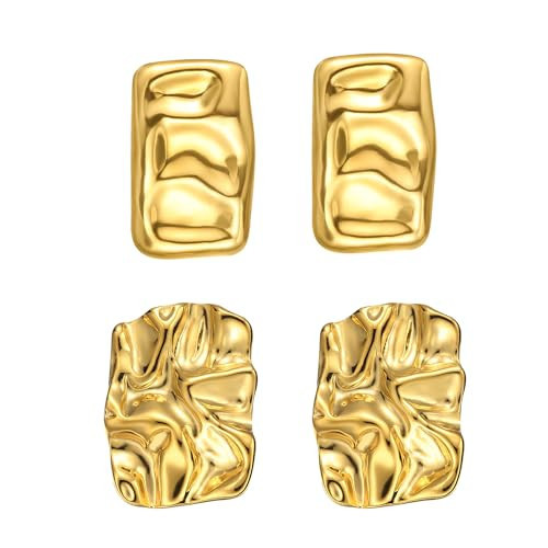 ENVYOU Geometric Rectangle Gold Stud Earrings Minimalist Irregular Hammered Chunky Statement Earrings for Women Trendy (Gold Rectangle, 2Pairs) | Amazon (US)