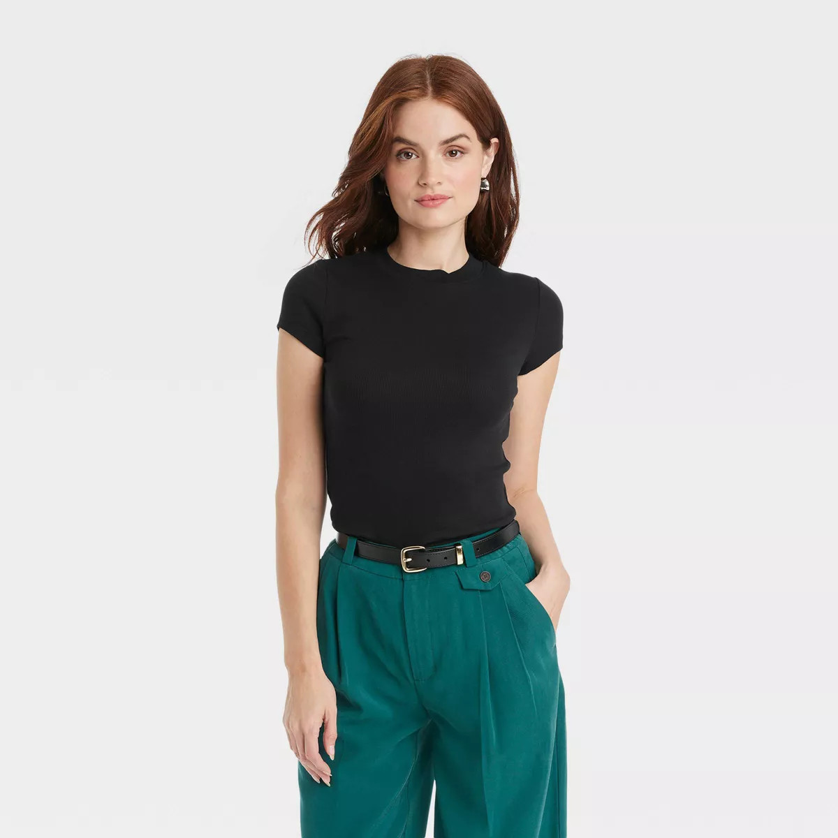 Women's Slim Fit Short Sleeve Ribbed T-Shirt - A New Day™ Black L: Cotton Modal Blend, Crew Nec... | Target