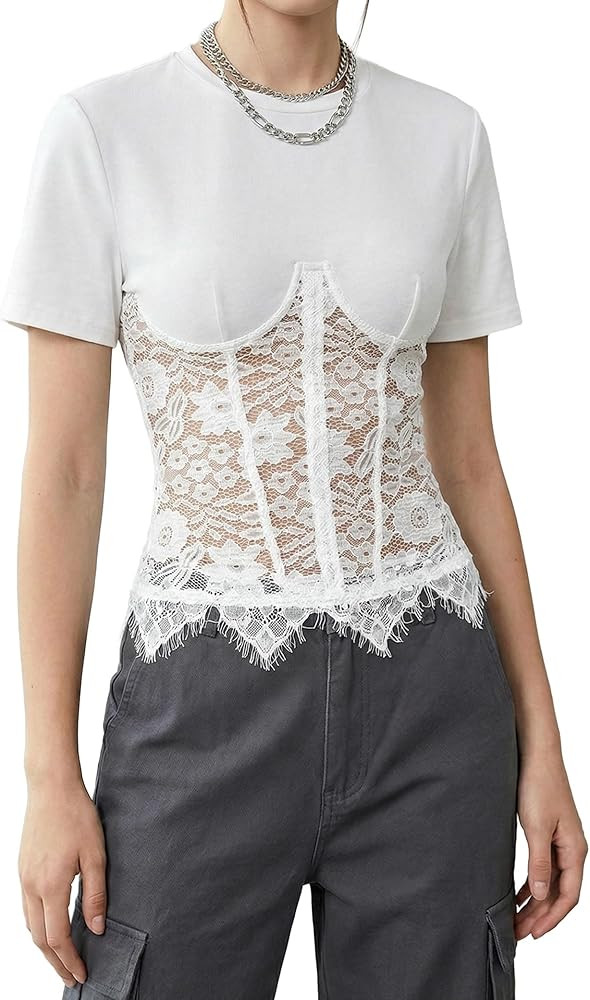 Womens Lace Corset T Shirt Top Slim Fit Waist Cinching Lace Patchwork Tee, Sexy Blouse Summer Goi... | Amazon (US)