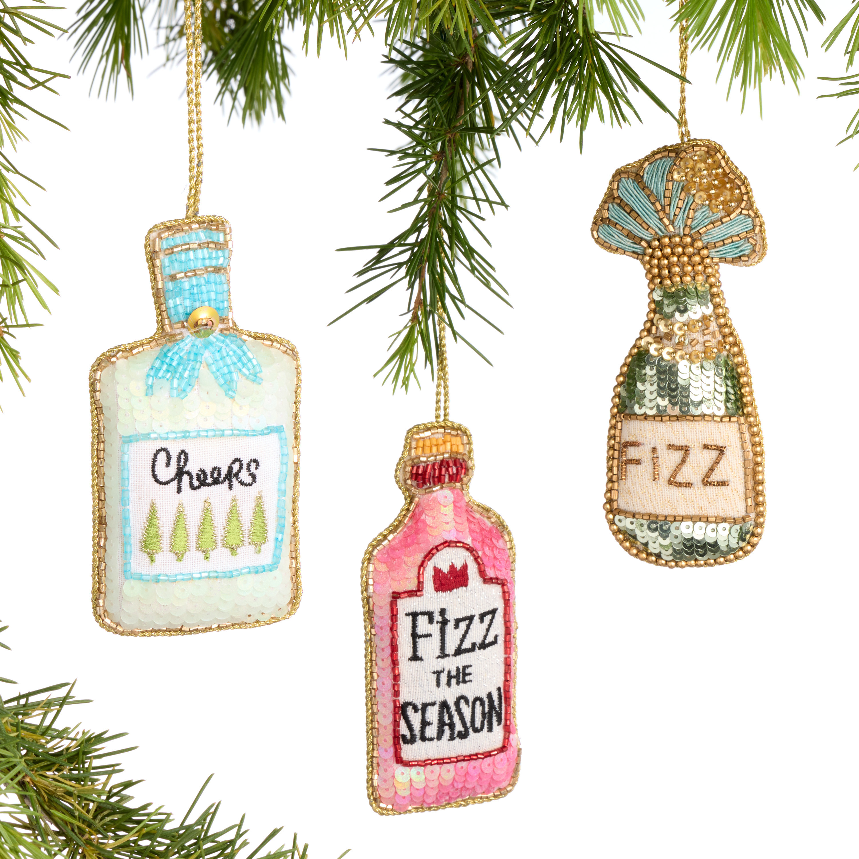Fabric Sequined Bottle Ornaments Set Of 3 | World Market