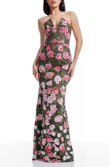 Dress the Population Fernanda Embroidered Floral Strapless Gown in Pink Rose Multi at Nordstrom Rack, Size X-Small | Nordstrom Rack