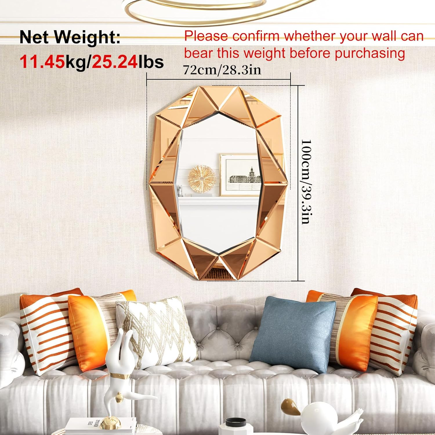 Oval Wall Mirror Diamond-Shaped Stylish Glass Frame 40x28 inch Brown | Amazon (US)