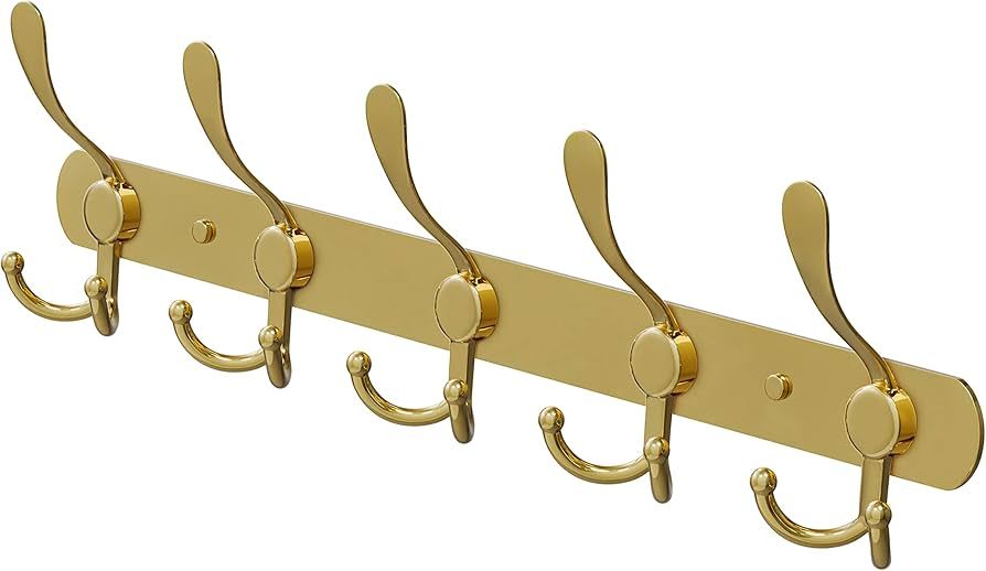 SAYONEYES Brushed Gold Coat Rack Wall Mount with 5 Tri Hooks for Hanging Towel, Bag, Hat, Keys - ... | Amazon (US)
