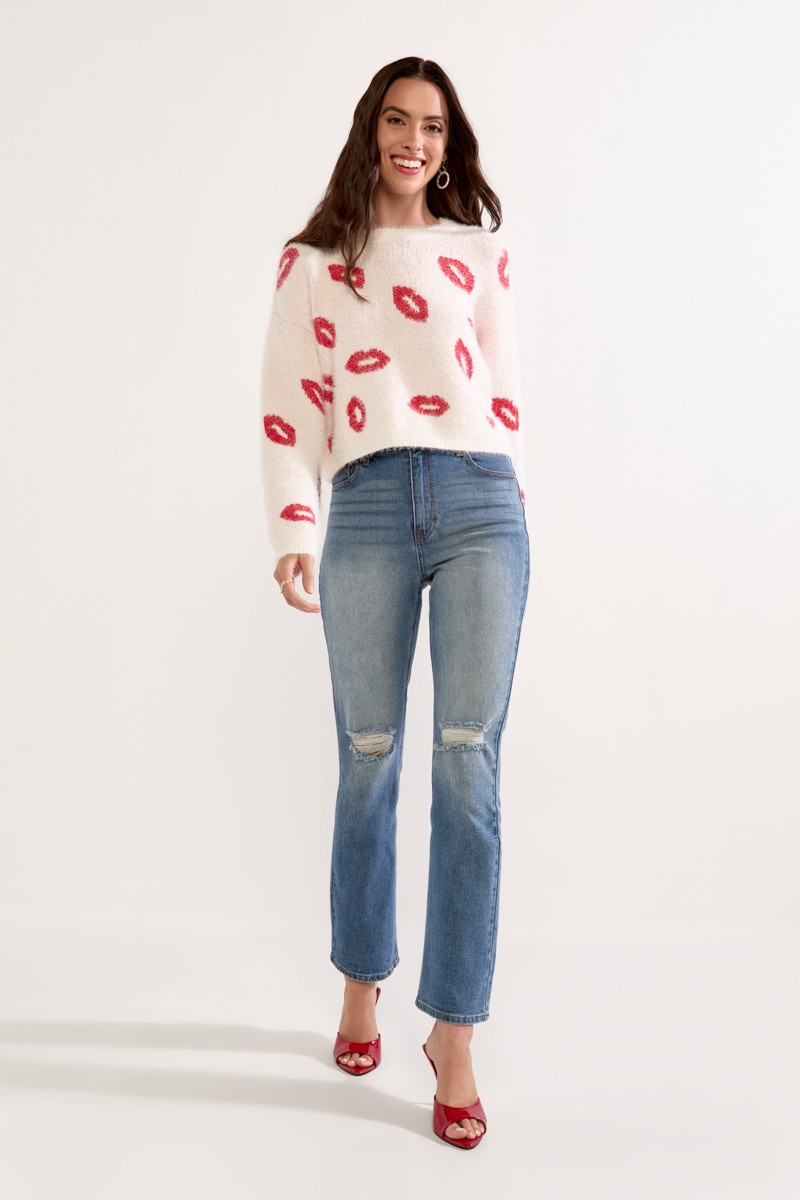 Pauline Fuzzy Lip Pattern Pullover Sweater | Francesca's