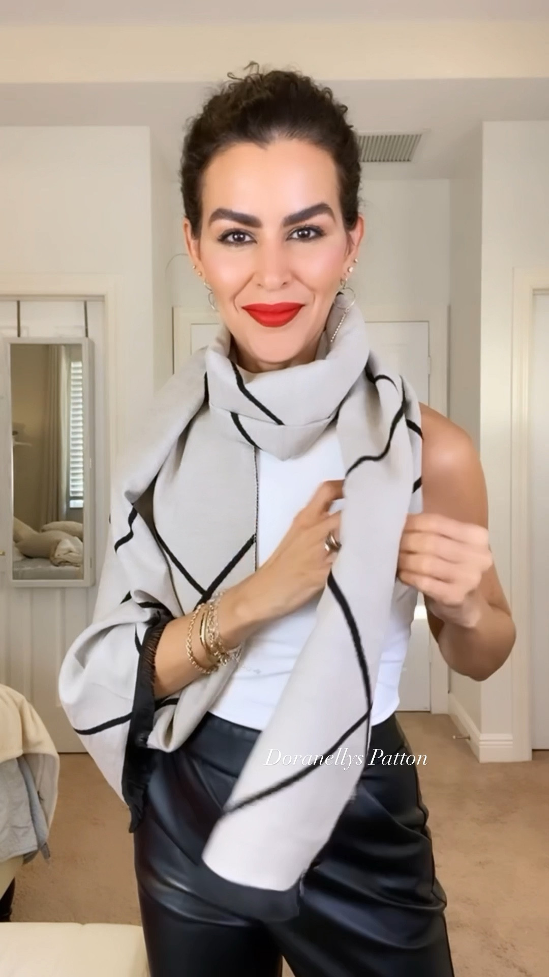 Scarf is under $20.  Wearing color Black/ Beige. Bodysuit in size S . Pants on sale!  Wearing a size 4. Lipstick color: feels so grand 

#LTKsalealert #LTKSeasonal #LTKVideo