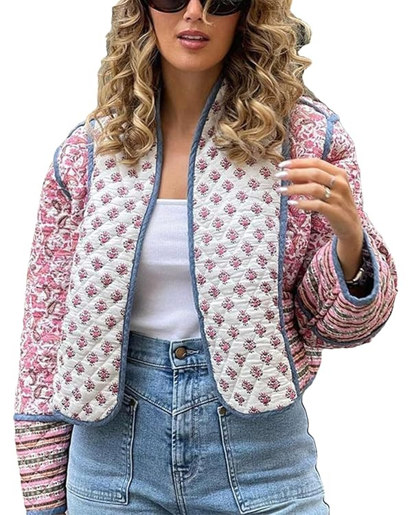 VAOYIU Women's Cropped Puffer Jacket Vintage Cardigan Floral Printed Lightweight Open Front Padde... | Amazon (US)